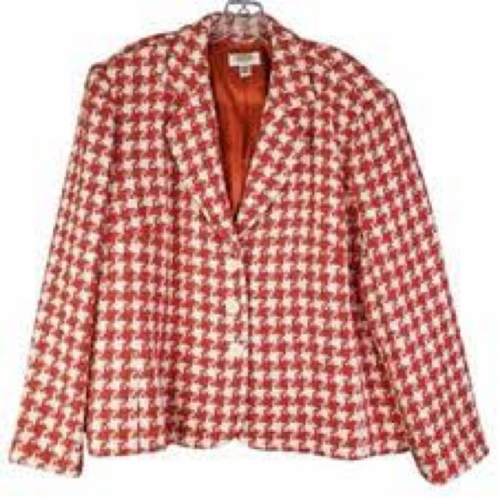 Vintage Talbots Red White Houndstooth Gingham Button Up Jacket Blazer 12